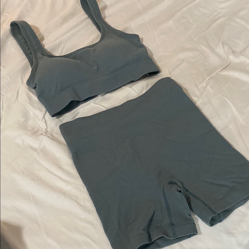 Green Ribbed Sports Bra and Shorts Set